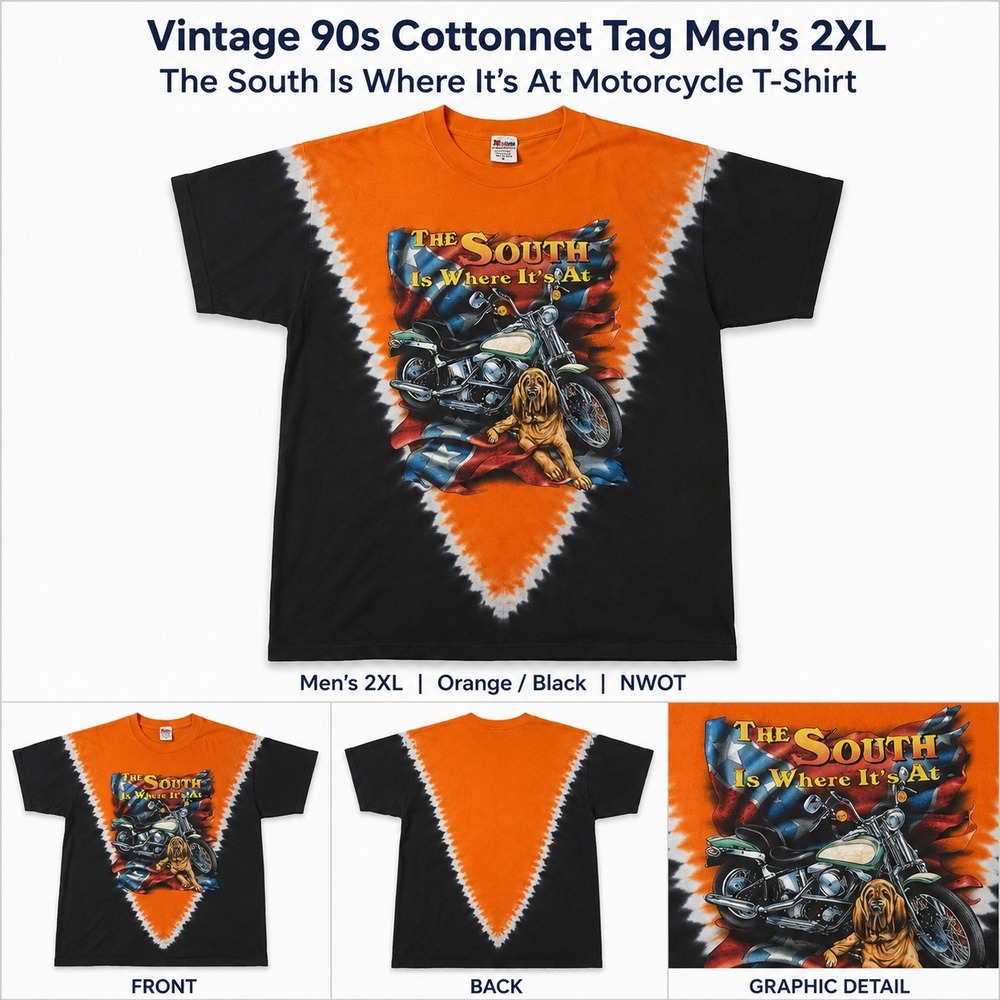 Vintage 90s Cottonett Men 2XL South Is Where Its At Motorcycle T-Shirt Orange